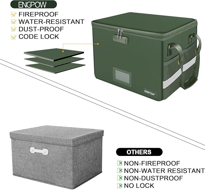 ENGPOW File Box with Lock, Fireproof Document Box with Pockets, Collapsible File Organizer Filing Storage Cabinet with Handle, Portable Home Office Safe for Hanging Letter/Legal Folders,Green,2 Pack - Image 6