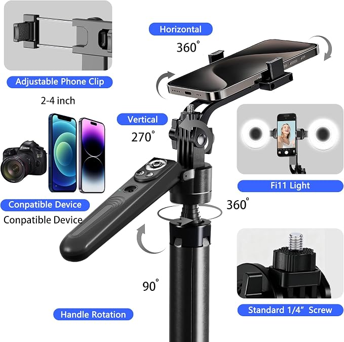 Auto Face Tracking Selfie Stick Tripod for iPhone with Light 360 Rotation that Follows Your Movement 70.9" Camera Tripod Stand with Remote for Content Creator Vlog Live Stream Video Recording - Image 7