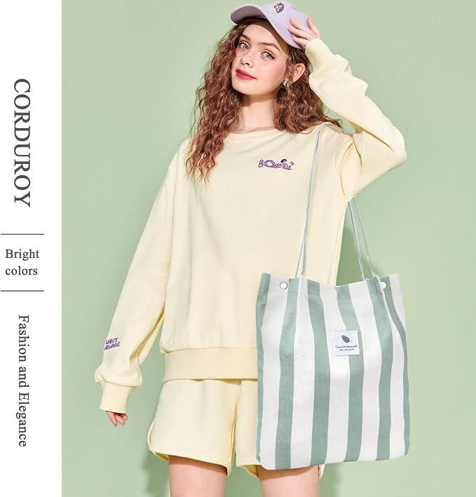 LHMTQVK Corduroy Tote Bags for Women, Large Capacity Tote Purse Reusable Grocery Shoulder Bag with Inner Pockets - Image 6