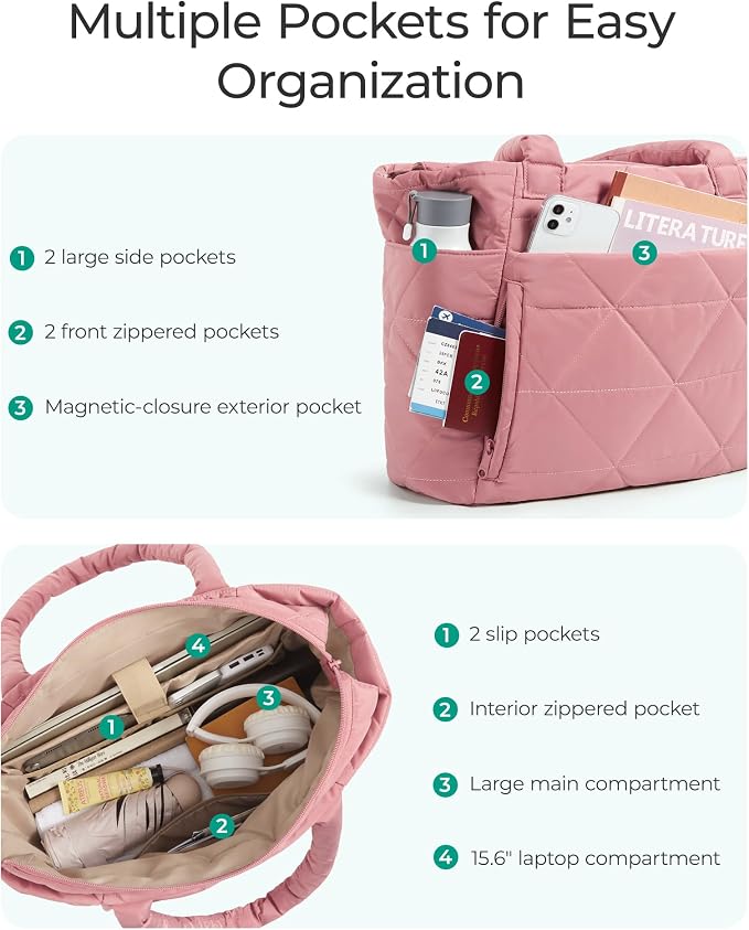 BAGSMART Tote Bag for Women, Puffer Tote Bag with Zipper, Large Quilted Shoulder Bag with Compartments for Travel, Work, Gym - Image 4
