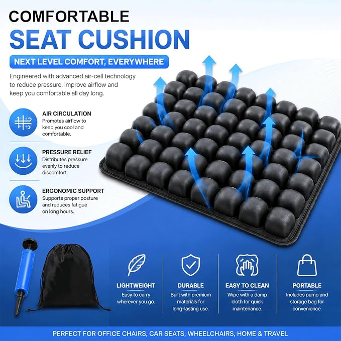 Travel Cushion for Airplane, Ergonomic Air Cell Design for Long Flights, Inflatable Seat Cushion for Office, Car and Wheelchair Use, Portable Inflatable Cushion with Compact Travel Design - Image 5