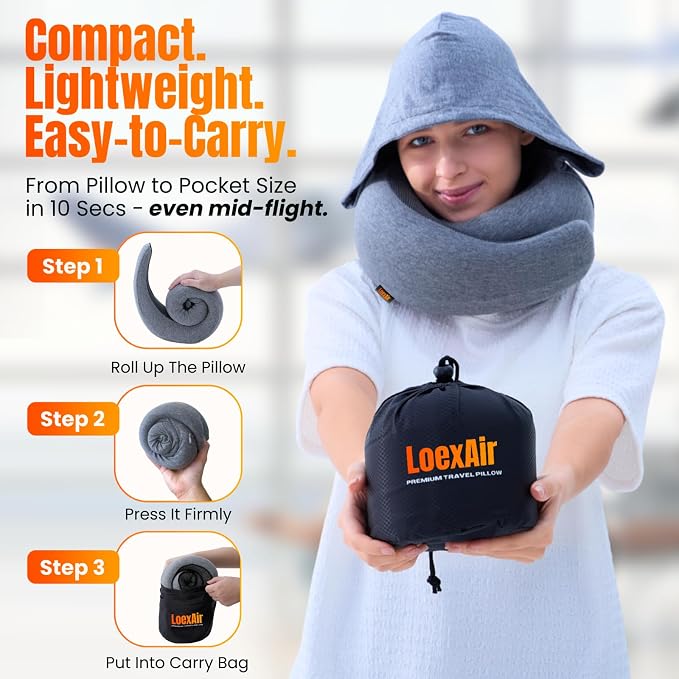 LOEXAIR™ Hooded Pro Travel Pillow - Memory Foam Neck Support Pillow for Airplane, Flight - Super-Soft Pure Cotton Fabric, Maximum Privacy & Light-Block Design, Lightweight Full Travel Kit - Light Grey - Image 3