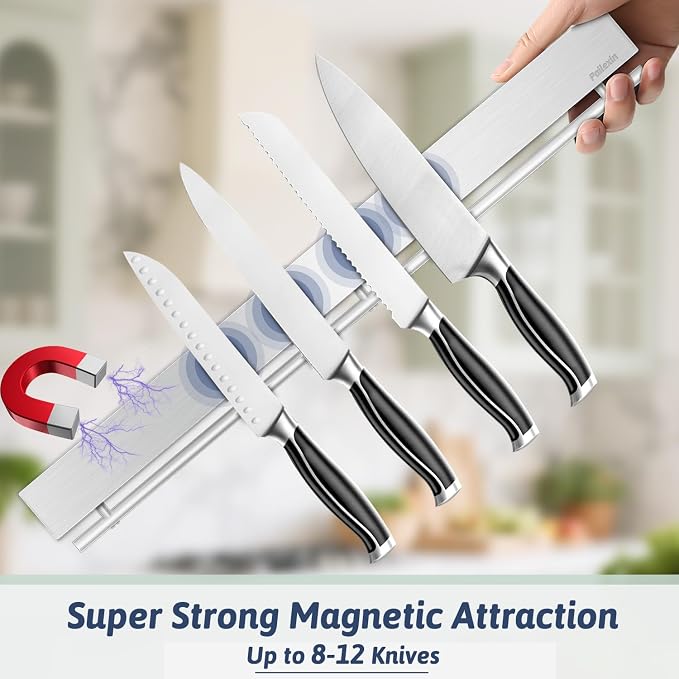 23 Inch Magnetic Knife Holder for Wall - Stainless Steel Magnet Knife Strip No Drill with 15 Hooks/Adhesive Tape/Screws, Kitchen Utensil Holder, Magnetic Knife Organizer, Wall Mounted Knife Storage - Image 4