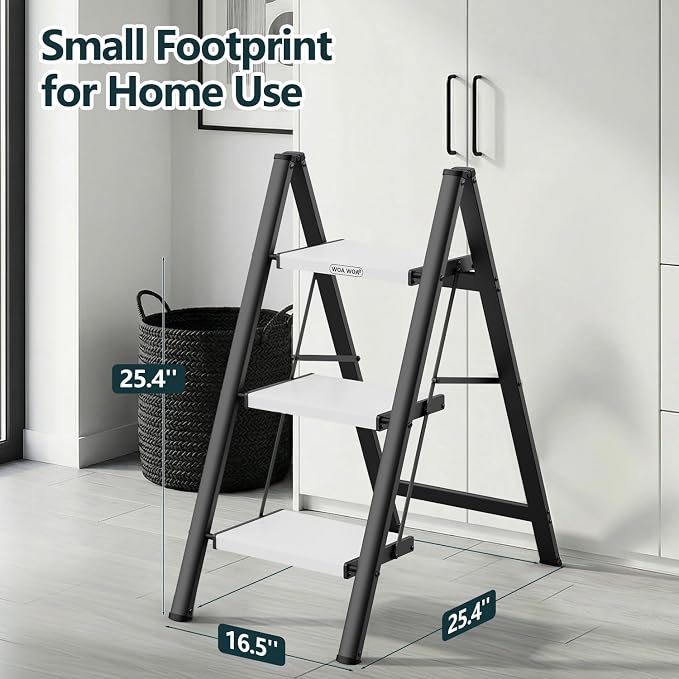 3 Step Ladder, Foldable Step Stool, 300lbs Load, Black & White | Folded 35''H x 3''T; Net 9.9 lbs; Rigid Aluminum Steps; No Assembly; For Home, Kitchen, Office, Pantry, Closets, Cabinets - Image 2