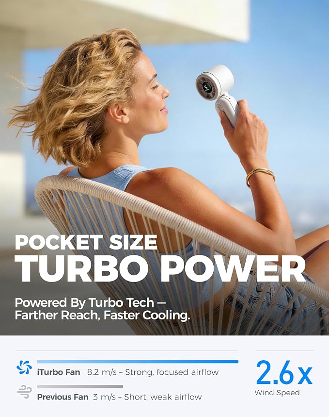 Diveblues Mini Portable Handheld Turbo Fan 27ft/s, 4000mAh Battery | 12H Max Cooling, 5 Speeds, LED Display, Quiet Motor, 3-in-1 Handheld/Neck/Desk Fan for Travel, Cruise & Disney Essentials - Image 2