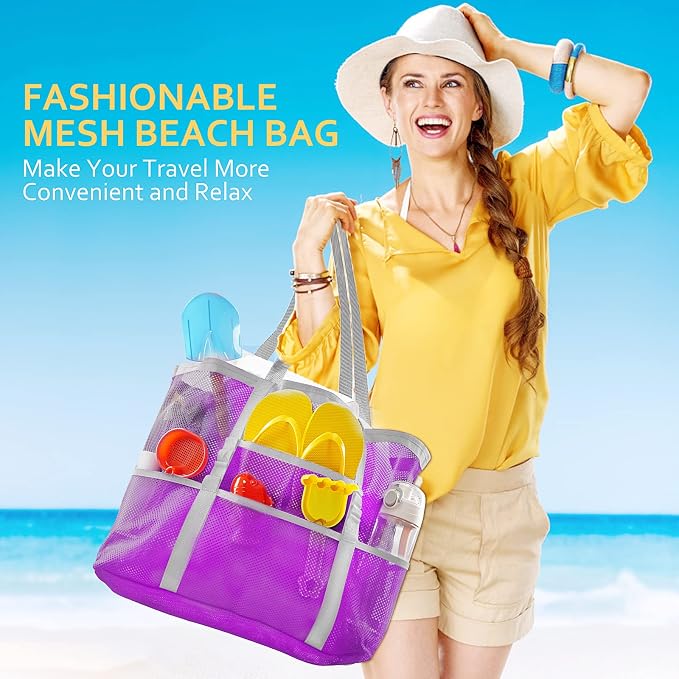 SRISE Mesh Beach Bag - Large Beach Tote Bag for Family Beach Bag for Toys & Vacation Essentials - Image 2