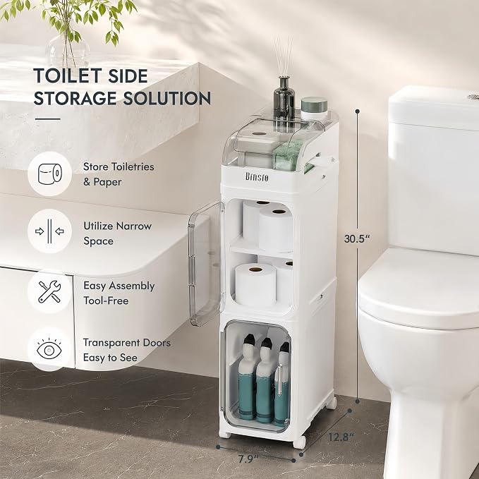 BINSIO 3-Tier Slim Bathroom Storage Cabinet, Rolling Toilet Paper Storage Cabinet with Clear Doors, Narrow Toilet Side Organizer for Small Bathrooms, Rolls, Wipes, Cleaners and Bathroom Essentials - Image 2