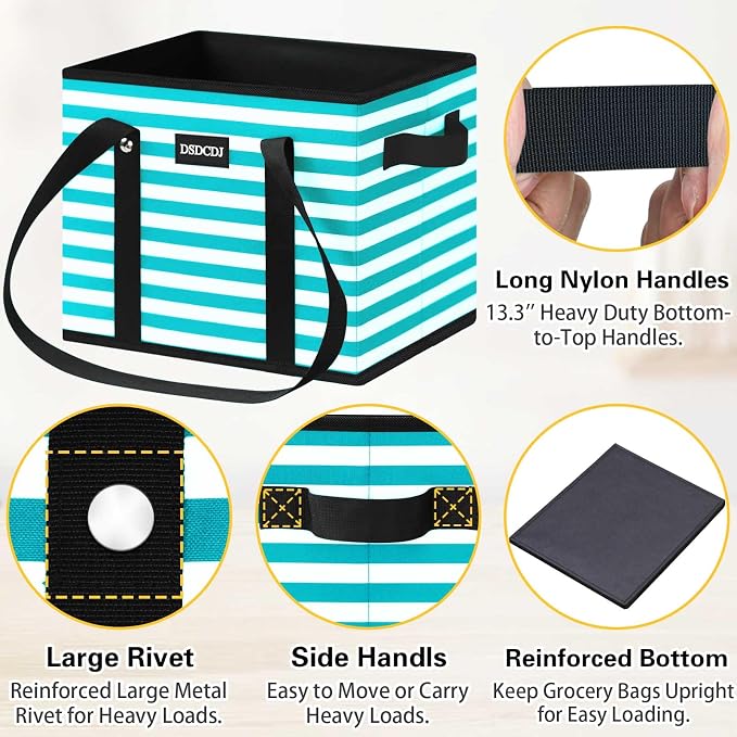 Reusable Grocery Bags 3 Pack - Heavy Duty Reusable Shopping Bags with Hard Bottom & Long Handles, Foldable Utility Tote Bag with Box Shape to Stand Up, 13x10.23x11in, Stripe Green - Image 5