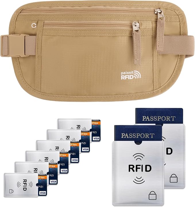 Small Unisex Money Belt For Men and Women, Slim Passport Holder RFID Blocking Travel Essentials Pouch with Adjustable Strap Small Waist Pouch for Workout Running Travelling Hiking, Beige & 8 Sleeves by paissit