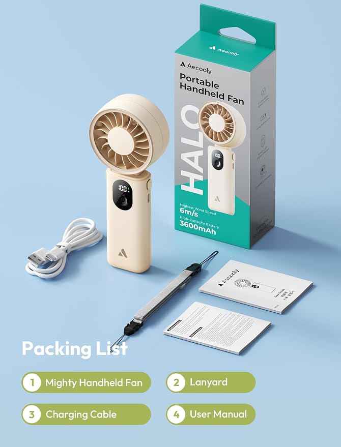 Aecooly Mighty Portable Handheld Fan 2 Pack | 20H Max Cooling Time | 3 Flexible Modes | 5 Speeds | Battery Level Display | USB Rechargeable Mini Personal Battery Powered, Gifts for Women -Beige - Image 9