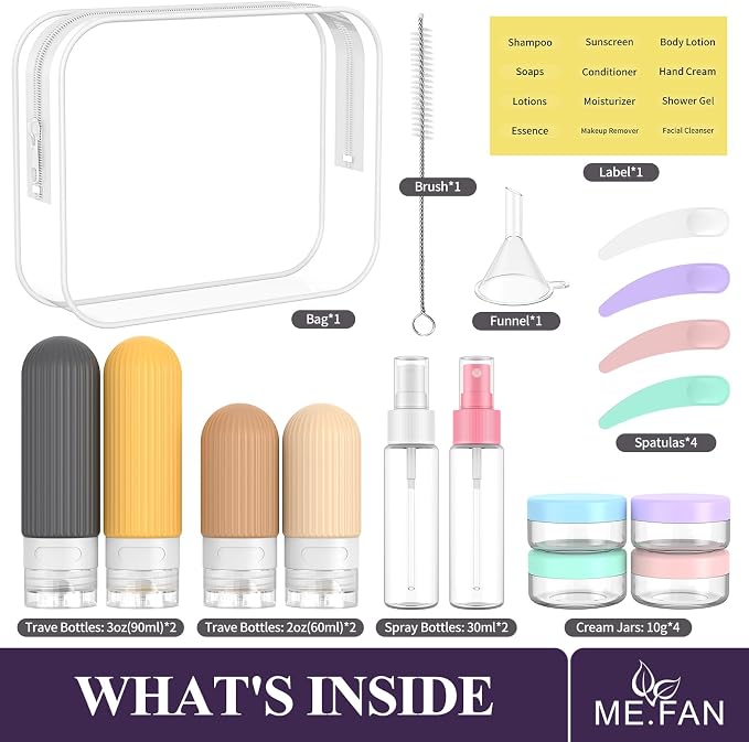 ME.FAN Travel Bottles for Toiletries,18 Pack Silicone Portable Size Bottle, TSA Approved Refillable Cosmetic Container Kits for Conditioner, Shampoo, Lotion,Face Cream - Yellow - Image 2