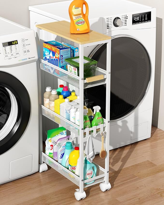 4-Tier Slim Utility Rolling Laundry Cart with Wheels, Easy to Assemble | 7.2" Wide for Narrow Spaces, Wood Top with Metal Frame, Mobile Storage Shelves for Bathroom, Kitchen, Office by TIPGO