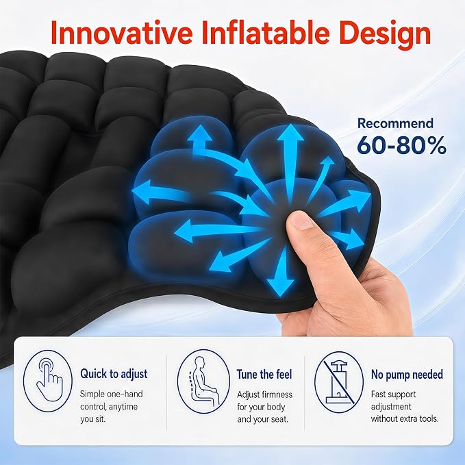 Travel Seat Cushion for Airplane, Inflatable for Long Flights, Portable Ergonomic Adjustable Air Pad – Tailbone & Lumbar Pain Relief for Plane, Stadium, Car, Wheelchair, Driving, Office, Work - Image 4