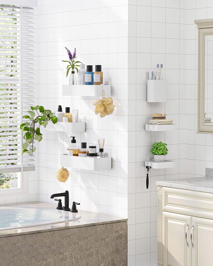 Kitsure Large Shower Caddy - Adhesive 6-Pack Bathroom Shelves, White | No-Drilling Rustproof Shelves with Soap Holder, Toothbrush Holder, 6 Hooks, Stylish Bathroom Organizers and Storage Solution - Image 3