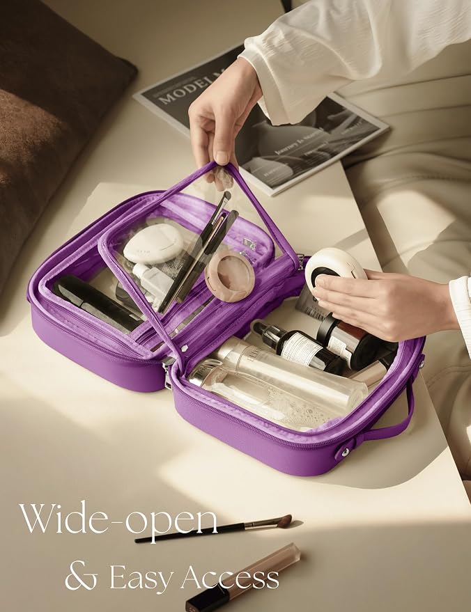 Clear Cosmetic Bag Double Layer Travel Toiletry Bag Clear Makeup Bag Case with 4 Compartments, Transparent Travel Bag for Toiletries, Large Toiletry Bag for Women Cosmetic Case (Purple, Large) - Image 2