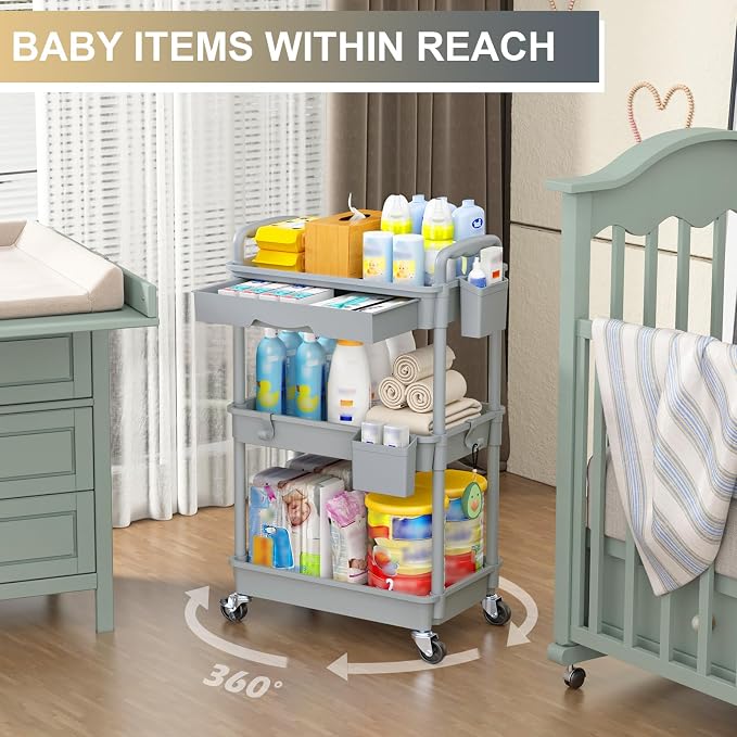 Goovilla 3 Tier Rolling Utility Cart Organizer with Removable Drawer, Grey | Stable and Sturdy Rolling Storage Carts with 2 Lockable Wheels for Bathroom, Kitchen, Snack, Craft, Makeup, Baby Essentials - Image 6