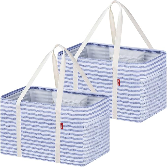 LHZK 2 Pack Utility Tote Bag with Metal Wire Frame and the Sides Rinforced, Large Tote Bag with Handle, Reusable Grocery Bags Foldable, Beach Bag, Car Tote (Blue, 18.5''x11.8''x11.5'') by LHZK
