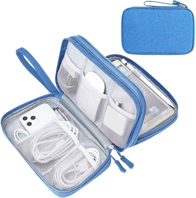 FYY Electronic Organizer, Travel Tech Pouch Bag, Large, Cyan | Wrist Strap, Waterproof, Double Layers Portable Electronics Travel Carrying Case for Cord, Charger, Daily Business Trips Use by FYY