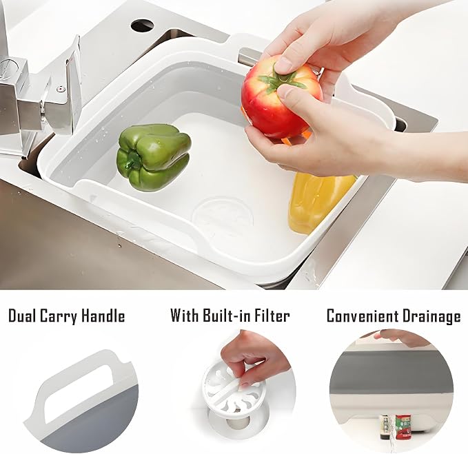 Collapsible Dish Basin with Drain Plug, 9L 2.4 Gallon Portable Wash Basin Dishpan Space Saving Dish Washing Tub Foldable Sink Tub Kitchen Storage Tray Grey - Image 3