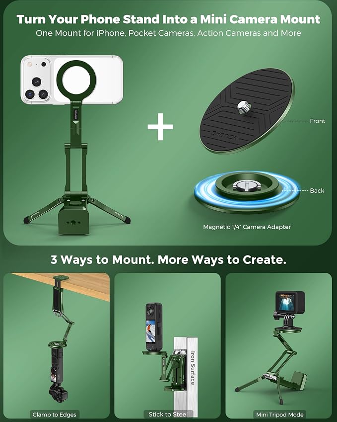 OMOTON TP02-Ultra Magnetic Action Camera Mount for DJI/GoPro iPhone，Green | Arca-type Adapter with 1/4" Screw, 4 in 1 Phone Tripod for Travel Vlog, Adjustable & Swivel, for iPhone 12-17 Series - Image 2