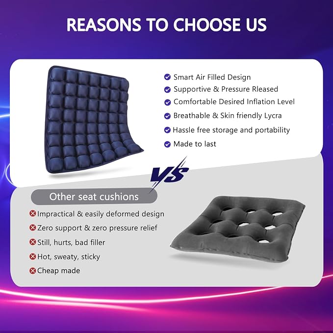 SUNFICON Air Seat Cushion Inflatable Seat Cushion Portable Car Seat Office Chair Wheelchair Pad Anti Bedsore Orthopedics Pain Pressure Relief Cushion Camping Seat Mat w Pump 18 ''x 16'' x1'' Blue - Image 6