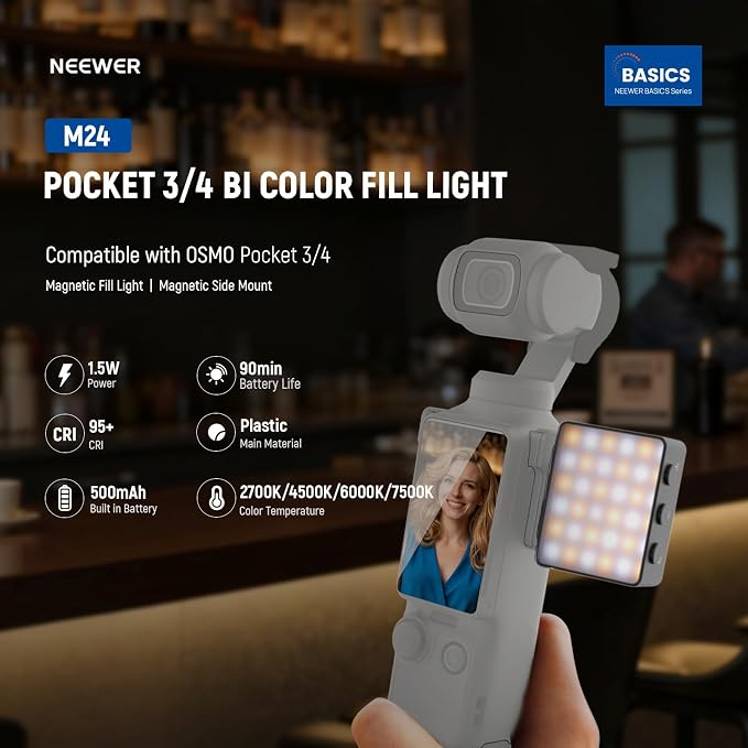 NEEWER Basics Bi Color Magnetic Camera Auxiliary Light Compatible with DJI OSMO Pocket 4 & 3, 1.5W Rechargeable Plastic Mini LED Fill Light Attachment for TikTok Vlog Selfie Video Recording, M24 - Image 2