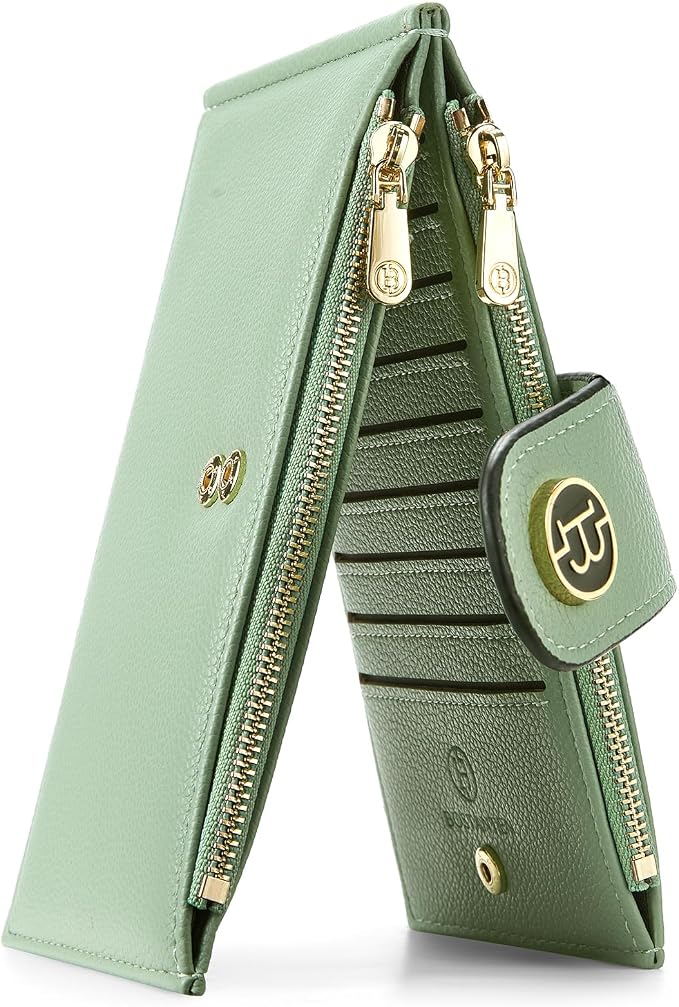 BOSTANTEN Leather Womens Wallet Large RFID Blocking Slim Card Holder | 16 Card Slots, 2 Zipper Pockets, Bifold, Long, Fits Most Purses, Organized Everyday Carry, Ladies Gifts, Green by BOSTANTEN