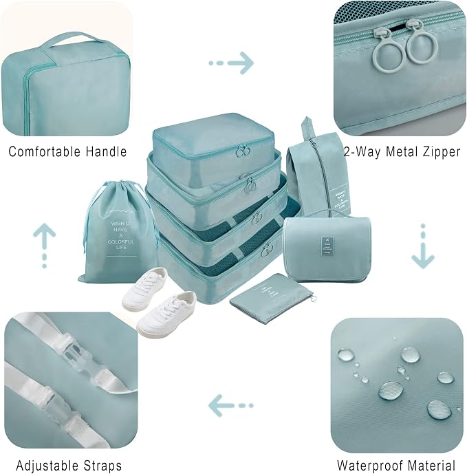 Packing Cubes, 8 Pcs Travel Packing Organizers for Suitcases, Large Capacity Travel Luggage Organizers Set includes 8 Storage Bags, (Light Blue) - Image 6