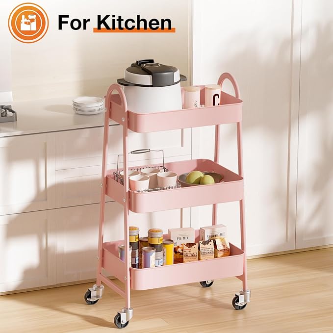 NEWBULIG 3-Shelf Metal Rolling Storage Utility Cart with Lockable Wheels | Mobile Organizer Shelf, Space-Saving, Freestanding, Bathroom, Living Room, Slim, Narrow Corner Spaces, Pink - Image 6