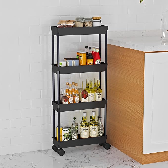 Sooyee 4 Tier Slim Storage Cart, Black | Rolling, Narrow Shelf, Mobile Shelving Unit Organizer, For Kitchen, Bathroom, Laundry Room - Image 5
