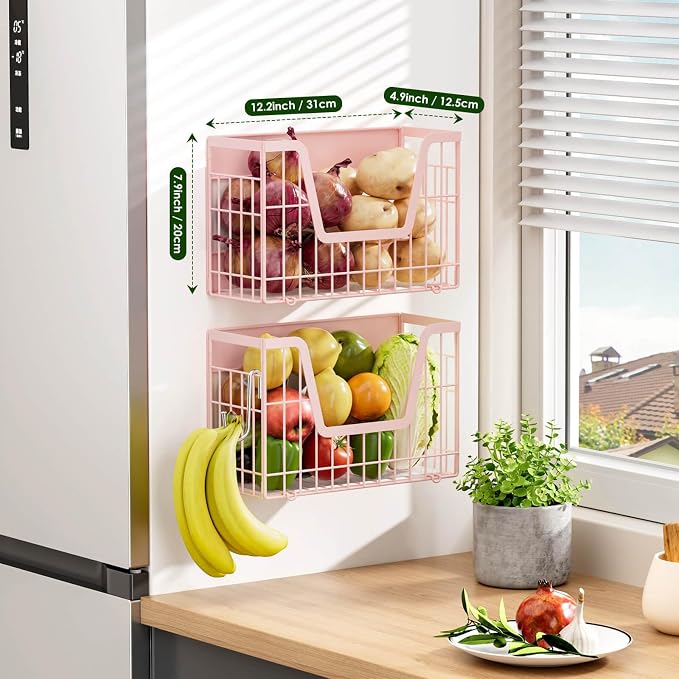 Pink Magnetic Shelf for Fridge, 2 Set Magnetic Fruit Baskets for Refrigerator Magnet Shelves, Potato and Onion Storage Bins, Magnet Holder Wire Basket for Laundry Room Pantry Kitchen Organizer - Image 2