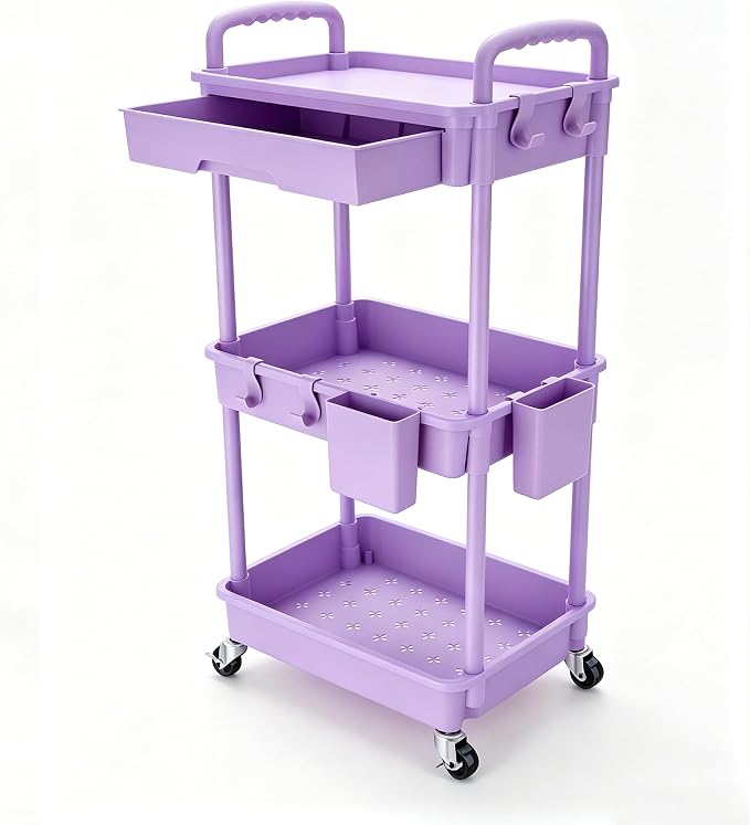 REBECAT 3 Tier Rolling Cart with Drawer, Utility Storage Cart on Wheels for Kitchen, Bathroom, Living Room,Office(Purple) by REBECAT