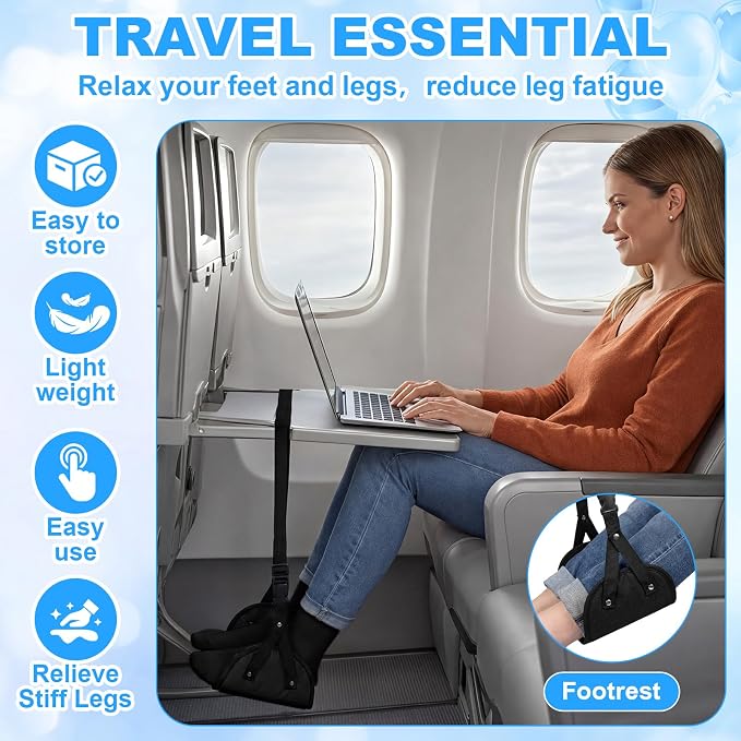 BreezeHug 4 Pcs Travel Comfort Kit with Memory Foam Travel Pillow Airplane Footrest Hammock 3D Contoured Eye Mask Compression Socks Neck Pillow for Car Flight Sleeping Support (Black) - Image 4