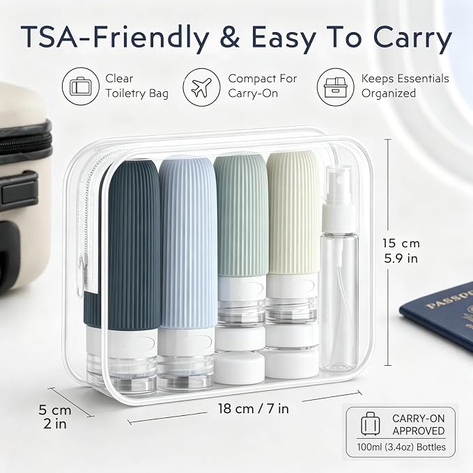 16 Pack Travel Bottles Set - TSA Approved Toiletry Bottles, Leak Proof Refillable Silicone Travel Size Containers with Jars, Spray Bottles, Funnel, Brush & Clear Bag for Carry-On, Camping & Vacation - Image 7