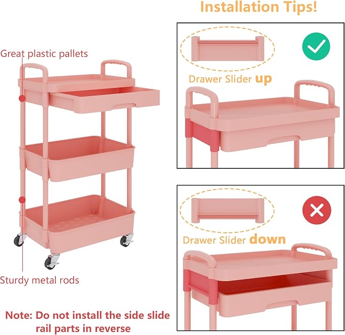 Calmootey 3-Tier Utility Cart with Drawer & Wheels, Storage for Home,Office | Space-Saving Organizer, Sturdy Plastic Shelves, Smooth-Rolling Metal Wheels, Built-in Drawer for Small Items, Pink - Image 6