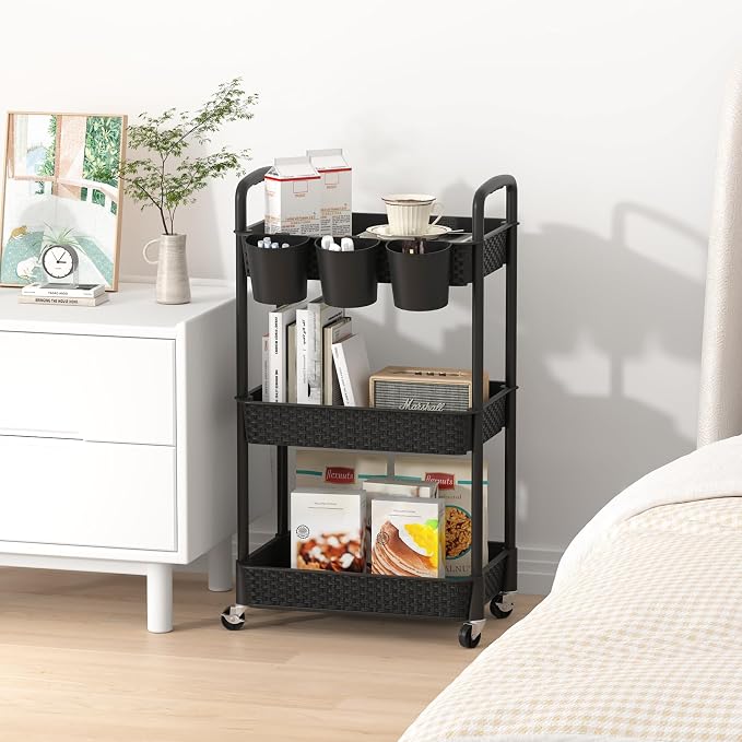 MOYIPIN 3-Tier Plastic Rolling Utility Cart with Handle,Utility Storage Cart for Office, Living Room, Kitchen,Movable Storage Organizer Shelves,Black with 3 Hanging Cups - Image 8