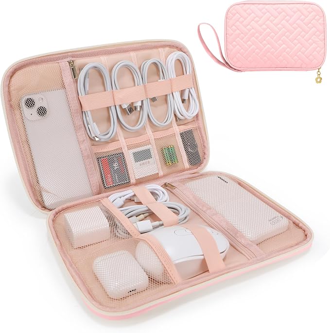 Electronics Organizer Travel Case, Charger Bag Cord Organizer Travel, Compact Tech Pouch Cable Organizer Bag for Charger, Cords, Phone, Headphones, Flash Drive, SD Card (Pink, Large-Single Layer) by ZFZGFRCS