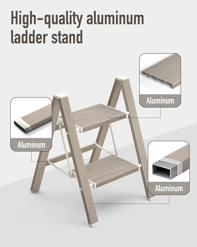 Mayi Plus 2 Step Stool Foldable, Aluminum, Lightweight Step Ladder | Extra-wide anti-slip folding steps with 330 lbs, for home,kitchen,office,outdoor,Fir woodgrain - Image 2