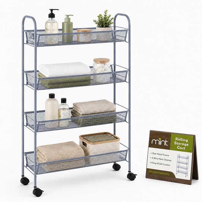 American Dream Matte Grey 4-Tier Mesh Basket Rolling Cart with Wheels Slim Metal Storage Organizer Trolley, 22.4" x 7.3" x 37.4" by AmericanDreamHomeGoods