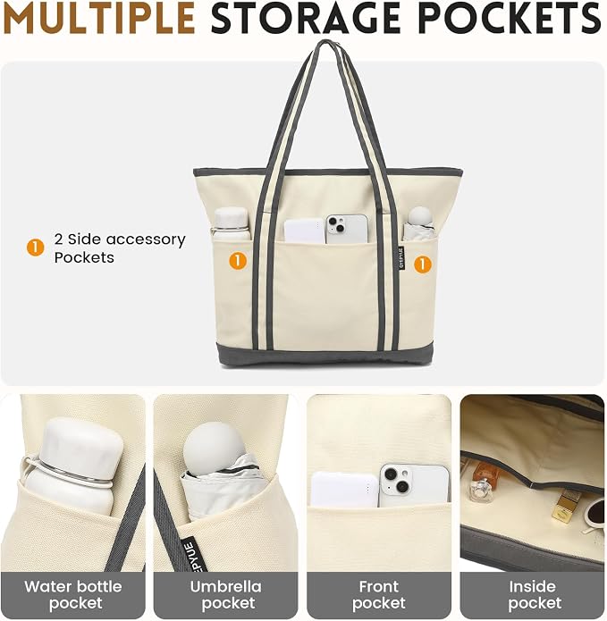 Large Canvas Tote Bag for Women, Beach Bag with Zipper, Utility Tote Bag with 3 Front Pockets, Weekender Pool Bag - Image 4