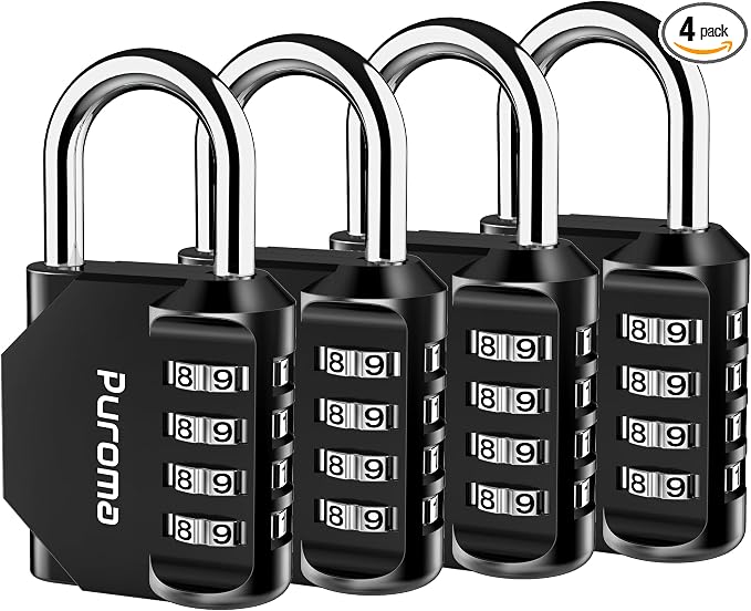Puroma 4 Pack Combination Lock Locker 4 Digits Combo Padlock Gym Black | For School Gate Fence Toolbox Hasp Storage, Outdoor, Resettable, Weatherproof, Side Window, Crack Cut Resist, Hardened Steel by Puroma