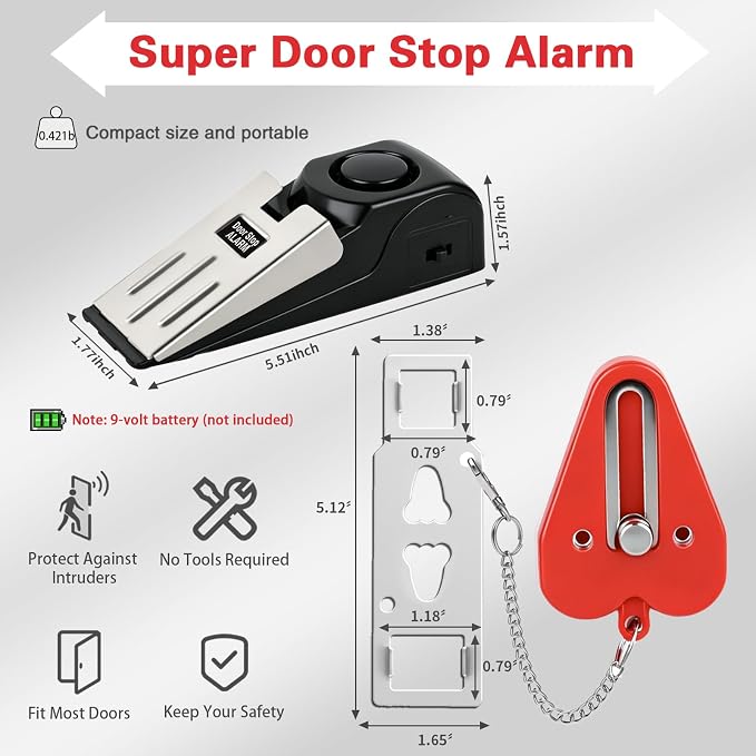 Portable Door Lock & Door Stop Alarm Set, Dual Protection Home Security Door Kit, Travel Hotel Lock Devices Pocket Self Defensey Tools for Traveling Hotel Home Apartment,Red - Image 2