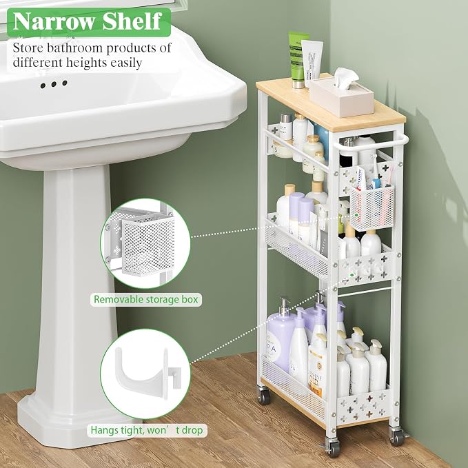 4 Tier Slim Rolling Cart Bathroom Organizer and Storage with Wheels | Narrow metal laundry room cart，kitchen organizer, trolley with handle and mesh basket, 7.1 inch width for small space, white - Image 6