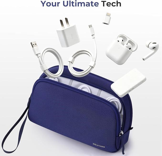 Skycase Travel Cable Organizer - Lightweight Water Resistant Dual-Layer Tech Pouch with Wrist Strap 9 Compartments Electronic Organizer Travel Case for Charger Cord Hard Drive,Medium,Blue - Image 5
