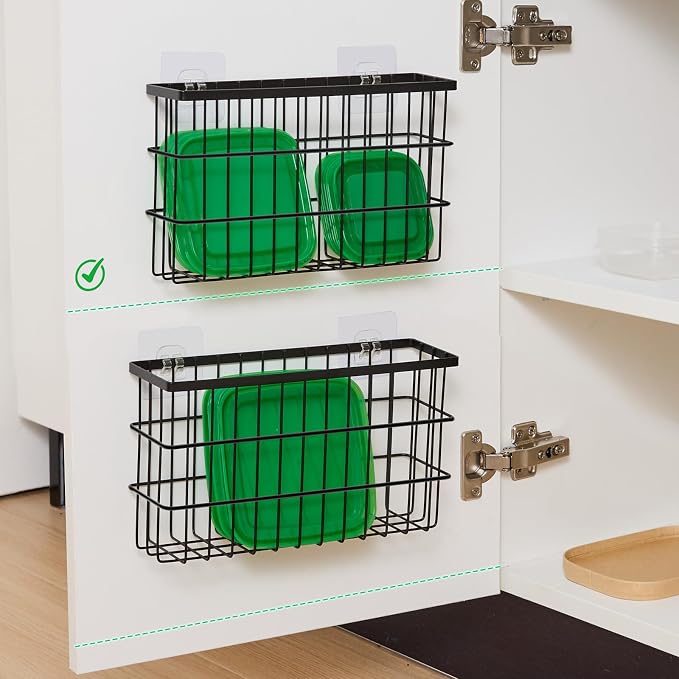 Sinnsally 2 Pack Cabinet Door Organizer,Self Adhesive Lid Organizers Inside Cabinet Storage Boxes,Hanging Storage Basket Organizer Wall Mounted Pantry Caddy Cup Holder for Kitchen,Fridge,Bathroom - Image 3