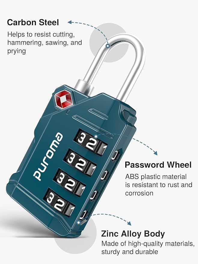 Puroma TSA Approved Luggage Locks, 2 Pack 4 Digit Resettable Travel Combination Code Lock with Zinc Alloy Body for Suitcase, Backpack, Laptop Bag, Gym Locker, Toolbox (Peacock Blue) - Image 6