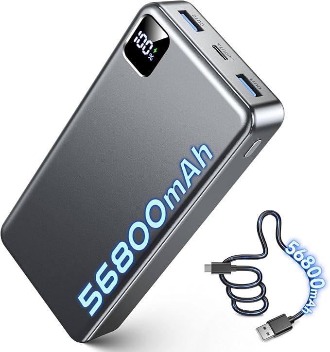 Portable Charger 56800mAh, 22.5W Fast Charging Power Bank with LED Display | Portable Phone Charger for Camping Travel Essential Compatible with iPhone 17/16/15/14/13 Series, Samsung, Google,iPad-Gray by Unknown