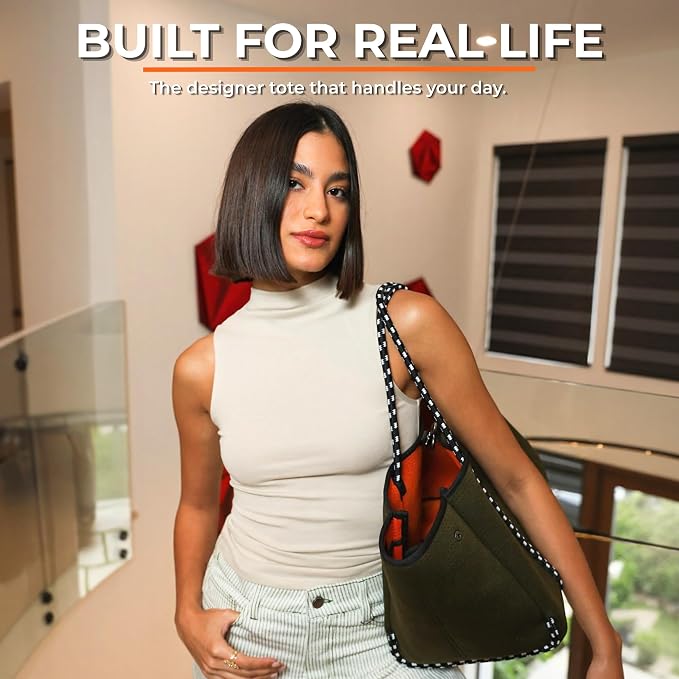 POPUPS Large Neoprene Tote Bag for Women - Everyday Designer Handbag for Travel Work and Beach with Pockets and Zipper Pouch - Image 2