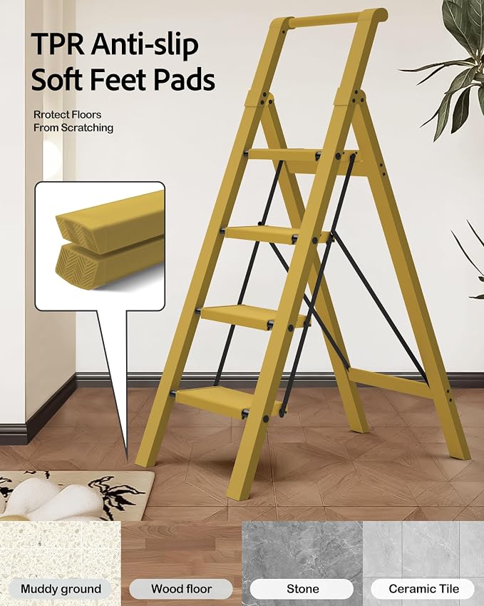 Taranta 4 Step Ladder,Aluminum Step Stool Foldable-Twilight Yellow | Lightweight Folding Ladder with Convenient Handgrip,Wide Top Pedal,330lbs Capacity Stepladder for Home,Office,Kitchen - Image 7