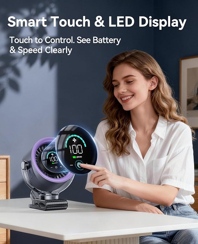 KIMMOO 4000mAh Rechargeable Portable Clip on Fan-100-Speed Touch Control, LED Display, 360° Rotate Quiet Turbo Desk Fan, Small Battery Operated USB Fan for Stroller Bed Travel Camping Golf Gym (Grey) - Image 6